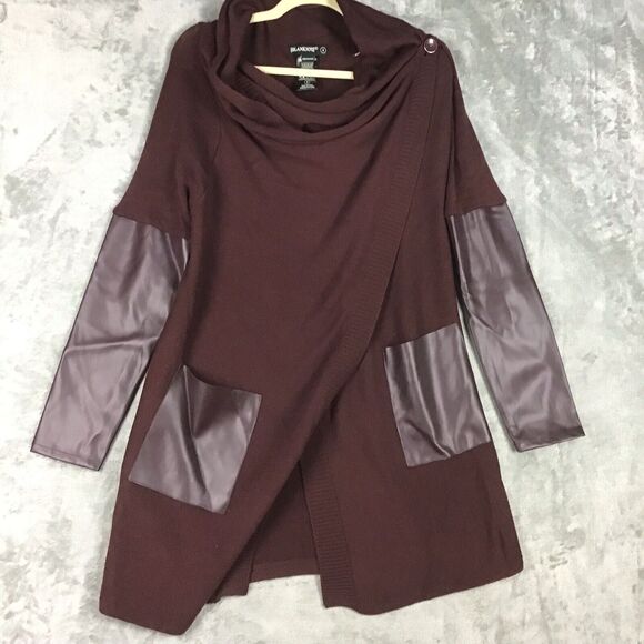 Blank NYC Women’s Size S Maroon Faux Leather Panel Drape Cardigan Sweater - Picture 6 of 14